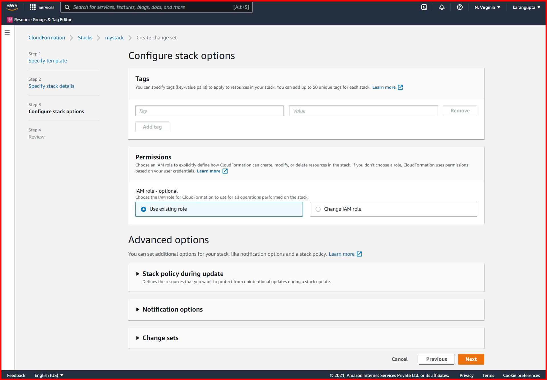 Picture showing the Create change set for current stack for configuring stack options